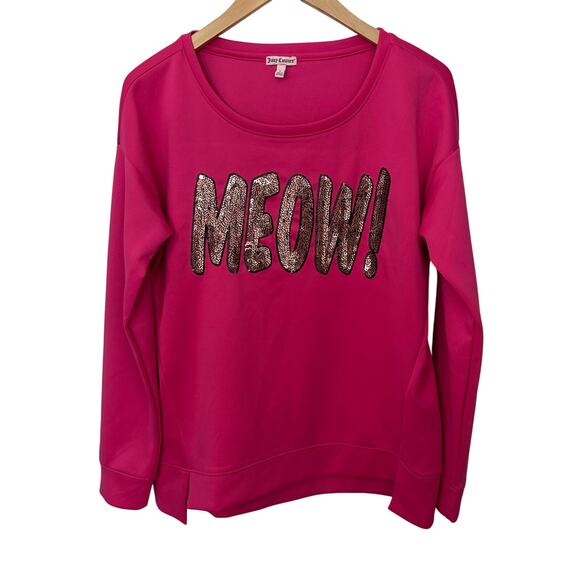 Juicy Couture Pink Cat Meow Pullover Top Sequins Womens Large Stretch Comfort - Picture 1 of 8